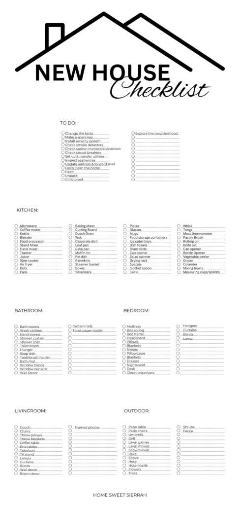 Printable new house checklist