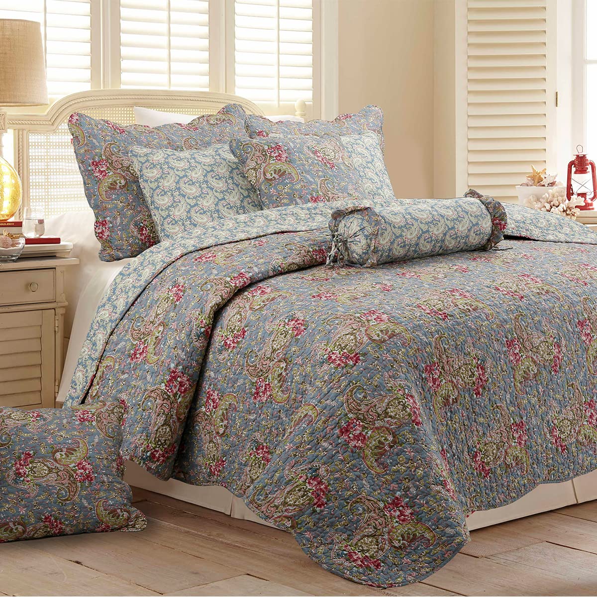 Cozy Line Home Fashions French Floral Country Cottage Blue Scalloped Provence Garden 3-Piece Cotton Queen Quilt Bedding Set
