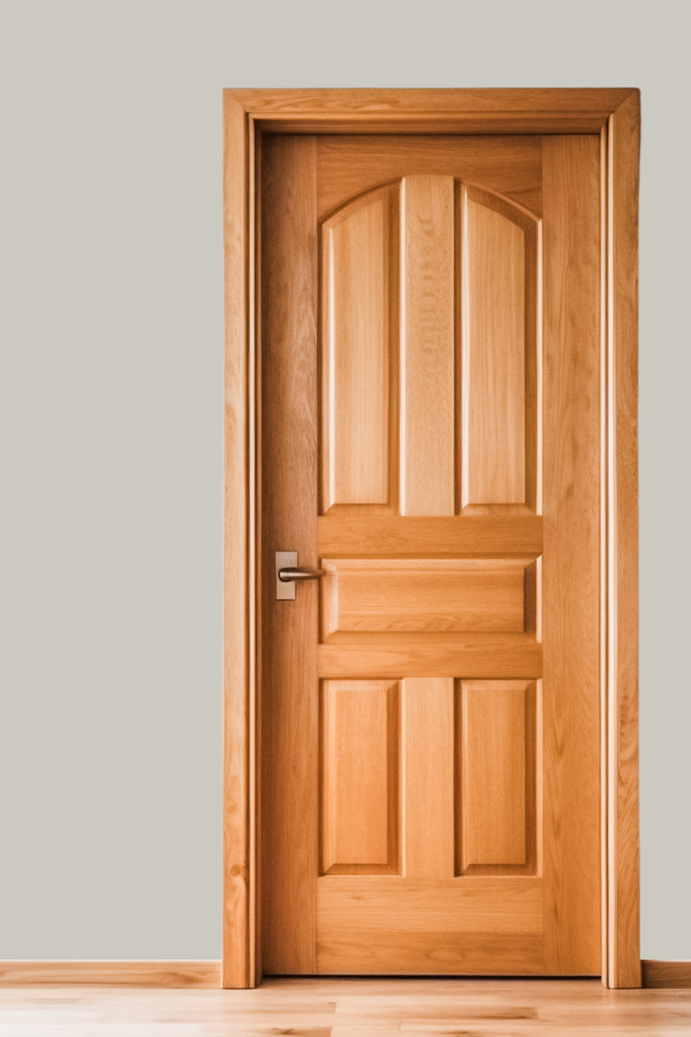 Repose gray walls with honey oak door, baseboards and trim.