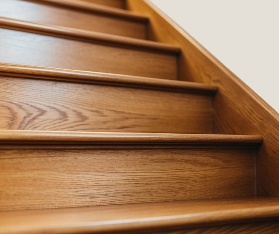 Classic gray wall with honey oak stairs