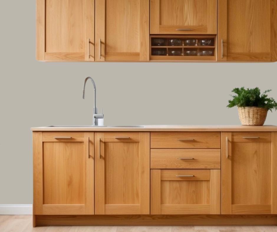 Mindful gray walls in kitchen with honey oak cabinets