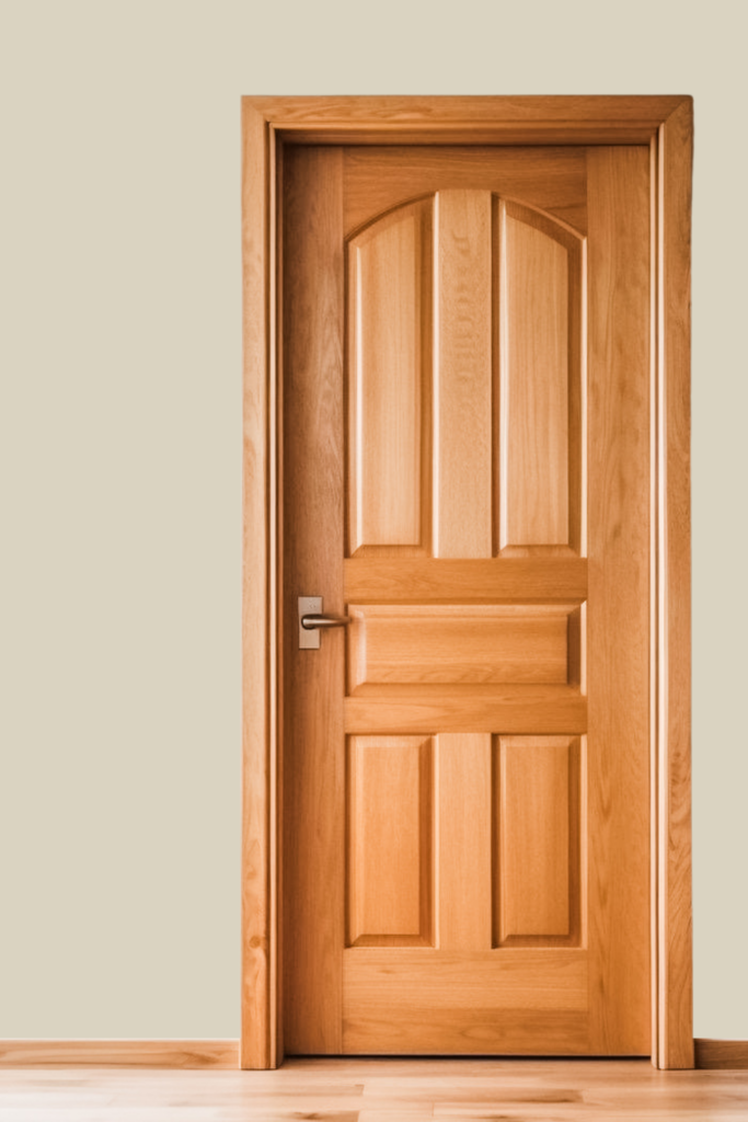 Edgecomb gray walls and honey oak trim and door