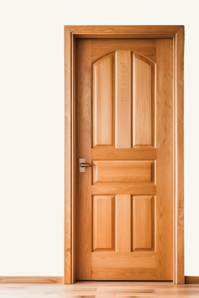 Simply white wall with honey oak trim and door