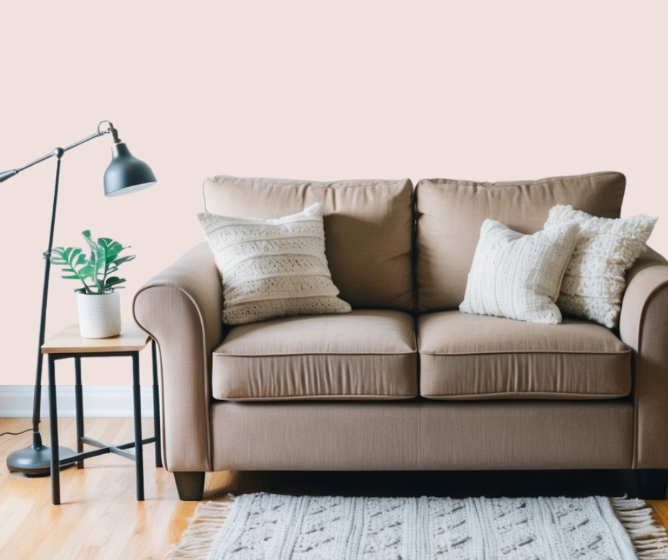 First Light wall paint color in room with brown furniture