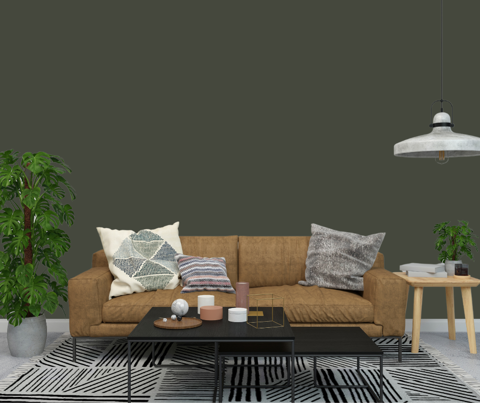 Ripe Olive wall paint color for room with brown furniture.