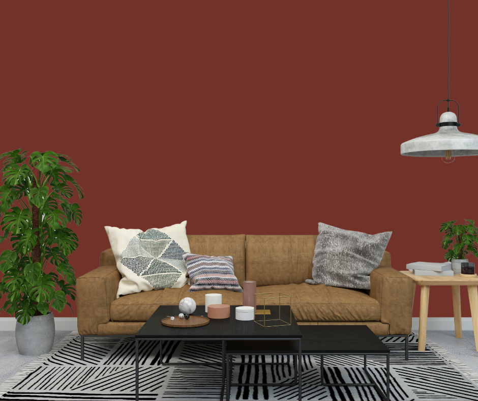 Rustic red walls with brown furniture