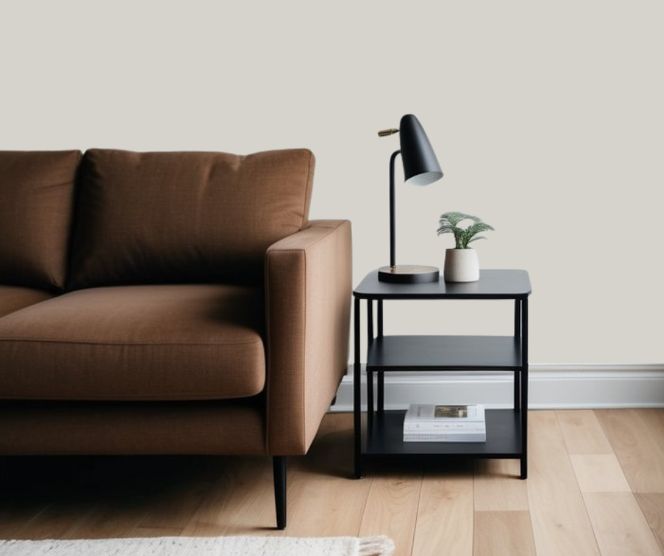 Crushed ice wall paint color in room with brown furniture