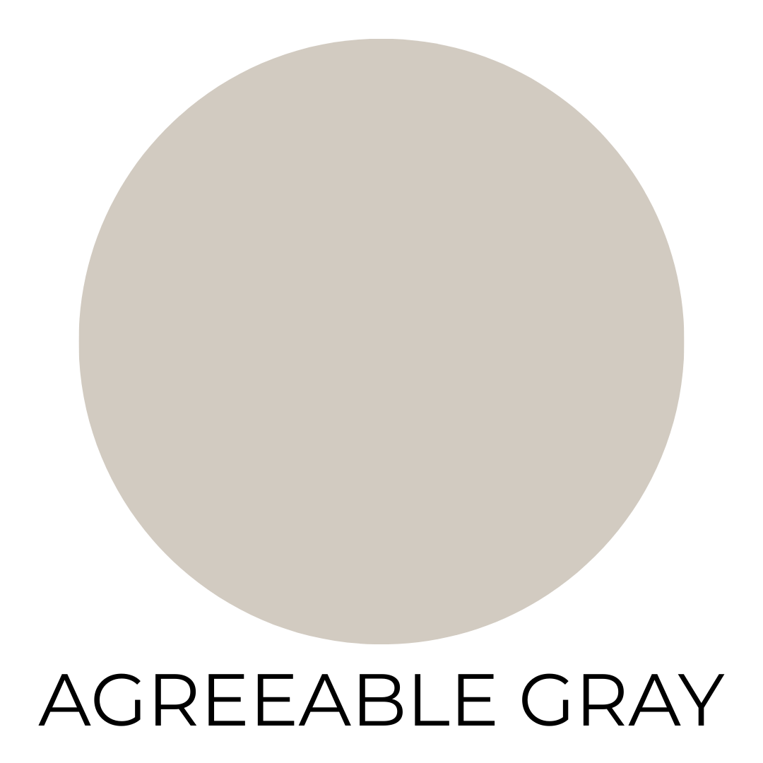 A digital paint swatch of Sherwin-Williams Agreeable Gray. The swatch is a large, centered circle in a soft, warm greige tone with subtle beige undertones. Beneath the circle, the name "AGREEABLE GRAY" is written in bold black capital letters on a clean white background.