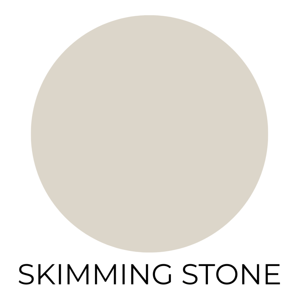 A circular color swatch labeled "Skimming Stone" features a soft, light greige tone with a hint of warmth. The swatch is centered against a clean white background, with the name written below in bold black capital letters.
