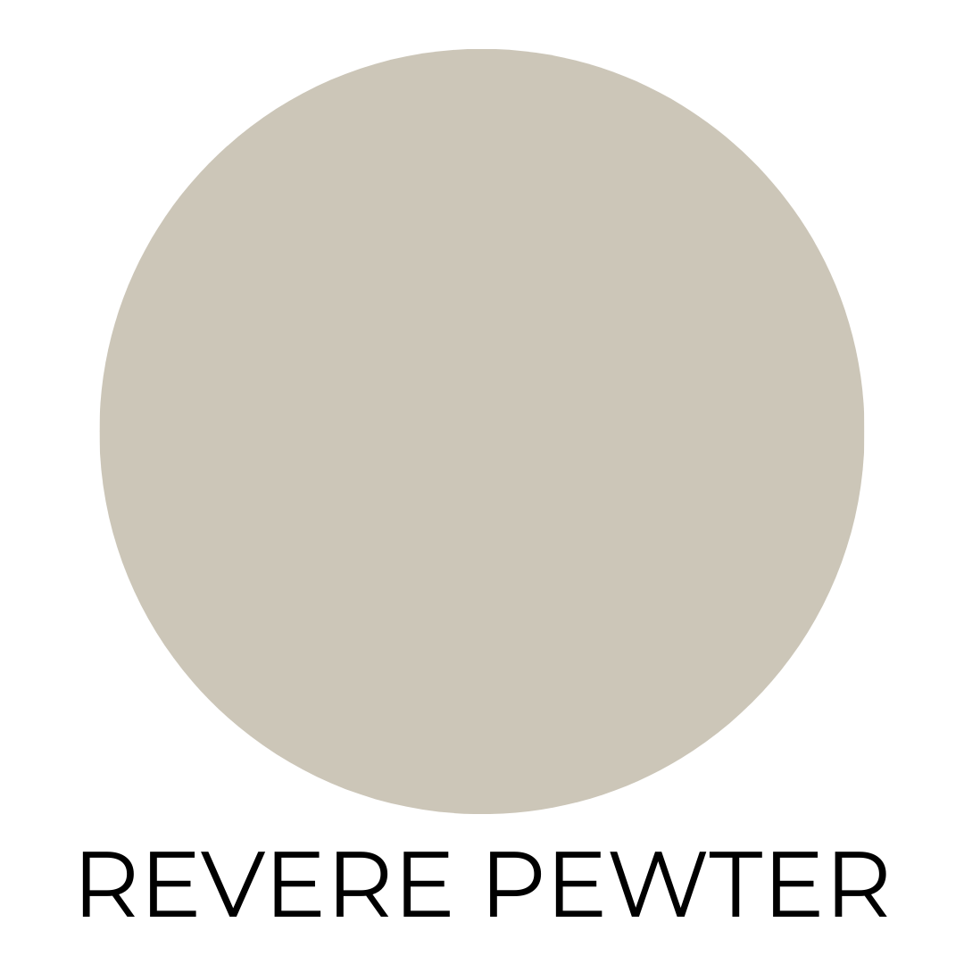 A digital color swatch labeled “Revere Pewter.” The swatch displays a soft, warm greige tone—an elegant blend of gray and beige with taupe undertones. The color is shown in a solid circular shape on a white background with the name written in black, all-caps text beneath it.