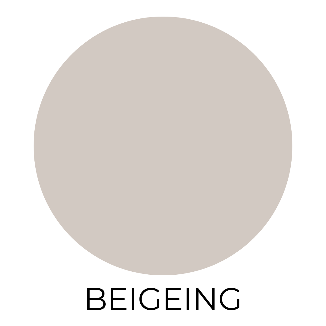 A digital color swatch labeled “Beigeing.” The swatch features a soft, warm greige tone with subtle beige undertones, giving it a versatile and calming neutral appearance. The circular swatch sits on a clean white background, with the paint color name centered in bold black capital letters below.