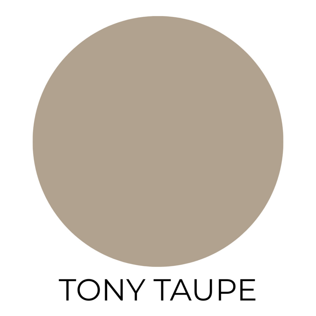 A digital paint swatch labeled “Tony Taupe.” The swatch is a warm, medium taupe color with balanced beige and brown undertones, creating a cozy, earthy neutral. The circle is centered on a clean white background, with the paint name displayed in bold black capital letters underneath.