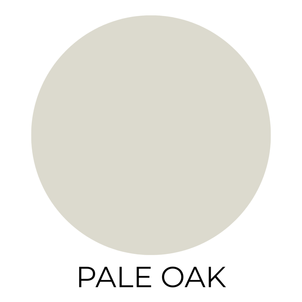 A digital paint swatch labeled “Pale Oak.” The swatch is a soft, warm greige with subtle beige undertones and a gentle lightness, offering a refined neutral shade. It appears as a centered circle on a bright white background, with the paint name written below in simple black capital letters.