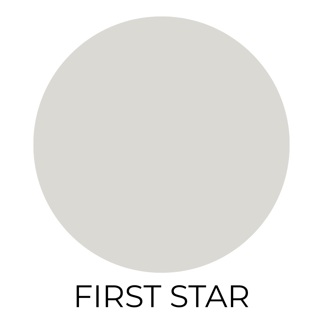 Round swatch of Sherwin Williams First Star paint, a cool light gray with subtle blue undertones, on a white background.