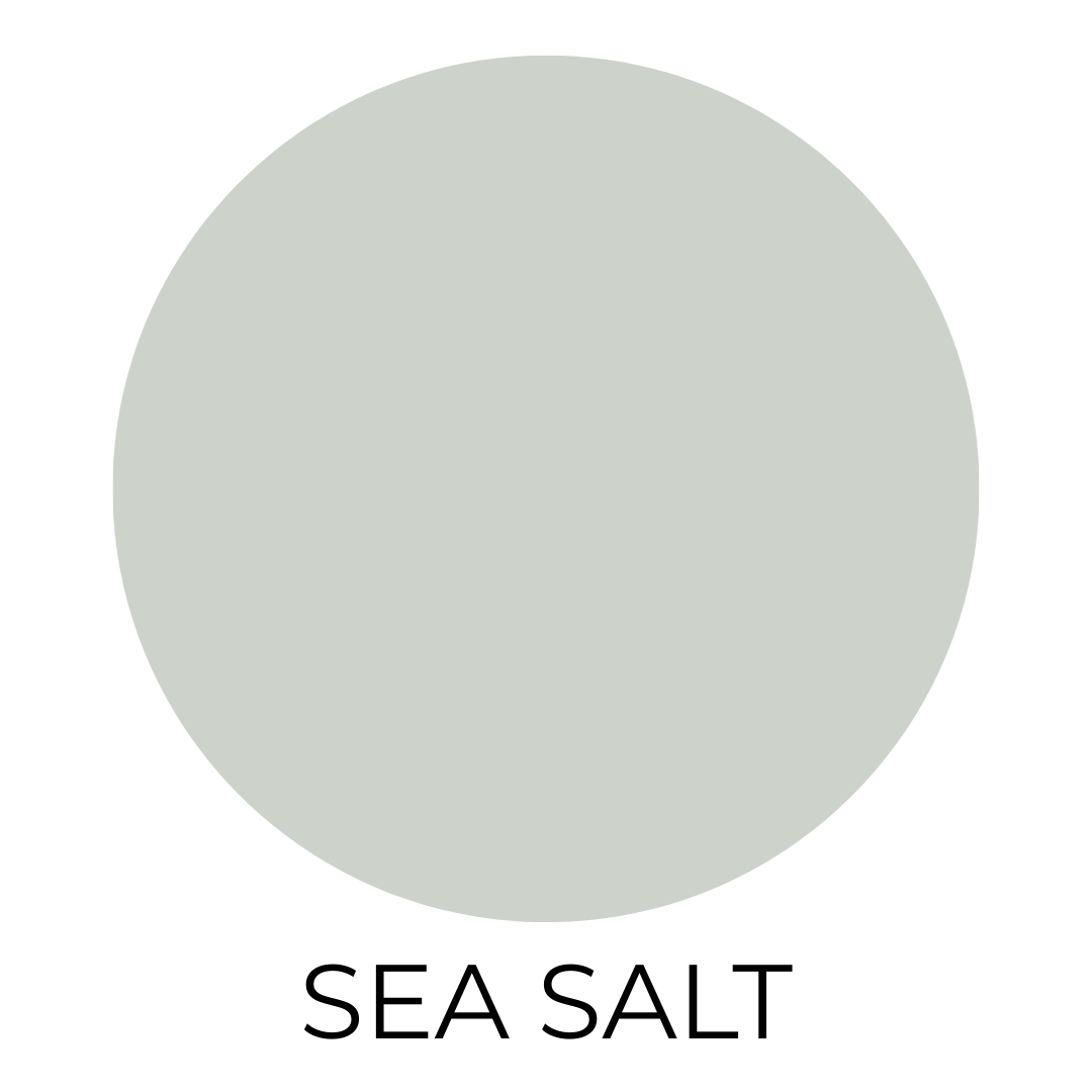 Round swatch of Sherwin Williams Sea Salt paint, a muted blue-green shade perfect for a breezy coastal feel, on a white background.