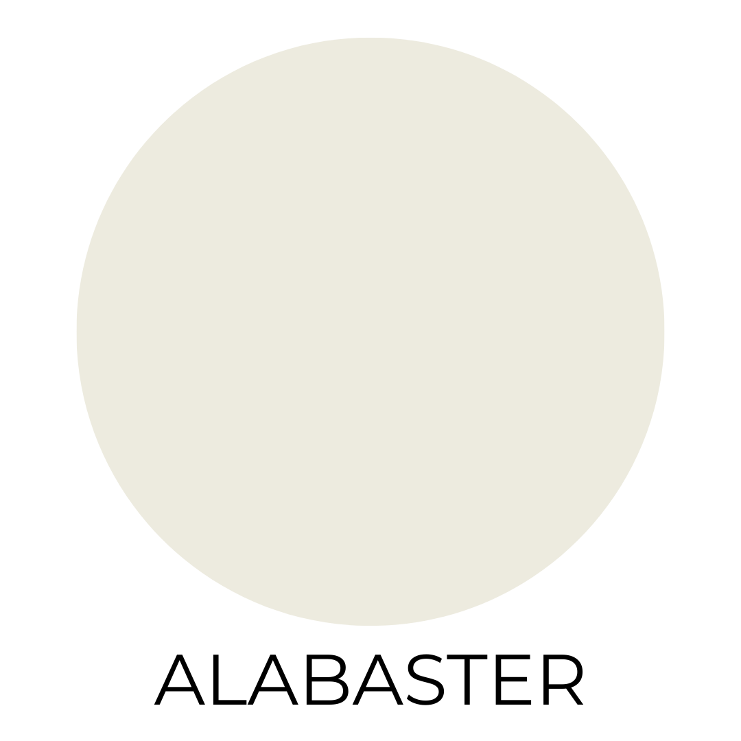 A warm off-white paint swatch labeled ‘Alabaster’ set against a minimalist white background.