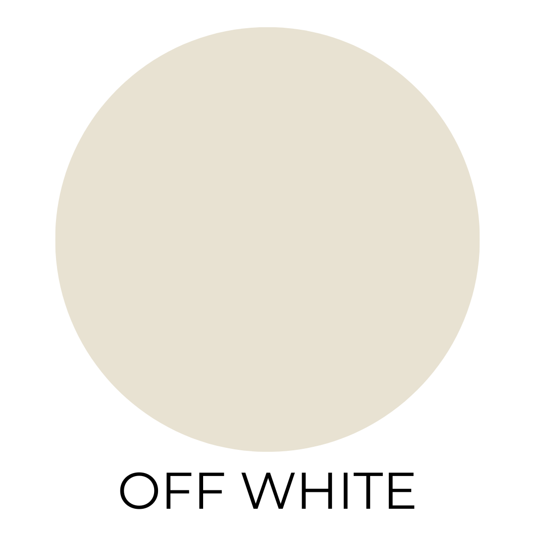 A large round paint swatch in a soft, creamy off-white shade, labeled “Off White” in bold black font below.