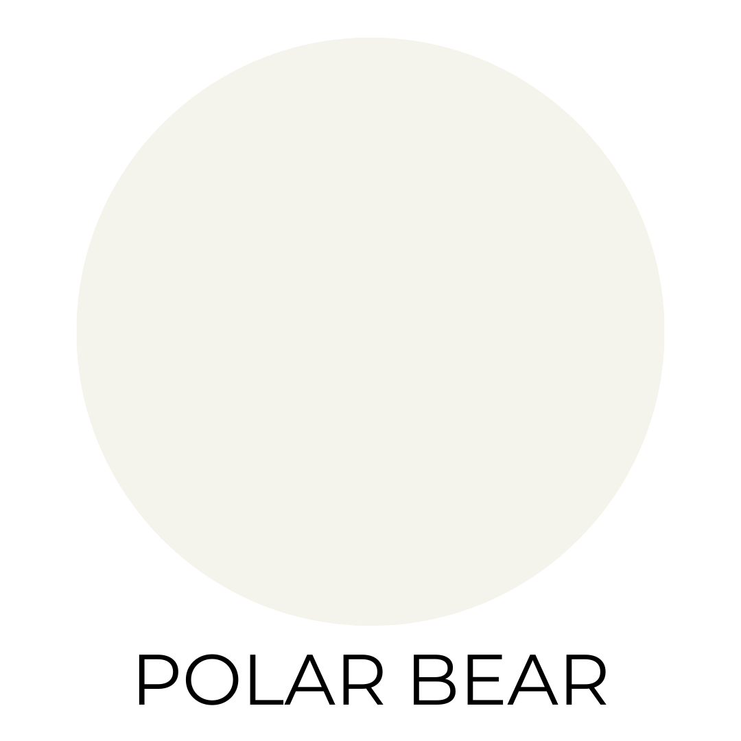 A round paint swatch displaying a bright, clean white tone with a slight softness, labeled “Polar Bear” at the bottom.