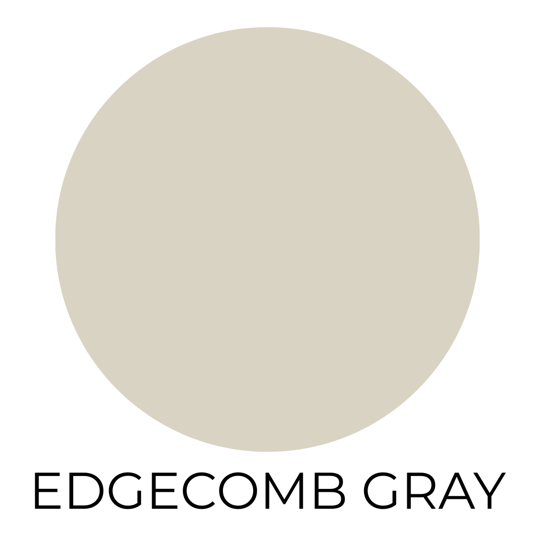 A warm, muted light gray paint swatch shown in a circular shape, with “Edgecomb Gray” written underneath.