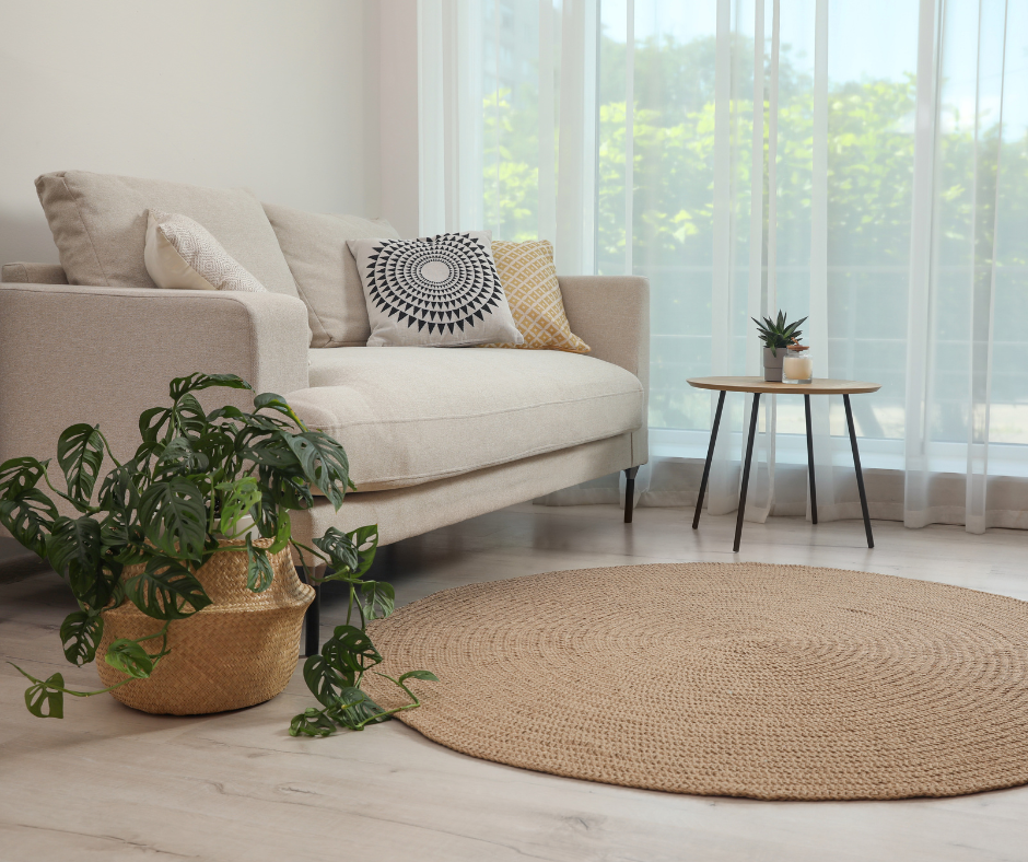 Small living room with a neutral sofa, round jute rug, and sheer curtains that let in natural light. Minimal decor and a potted plant help the space feel open, airy, and larger than it is.