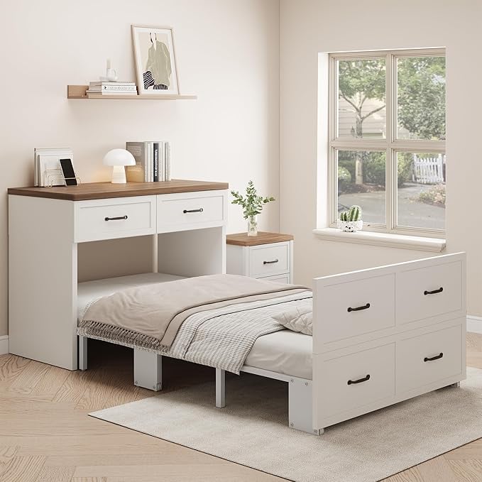 Small bedroom with a modern pull-out bed and built-in storage drawers, styled in neutral tones with light wood accents. Multi-functional furniture makes the most of limited space, perfect for maximizing storage in small rooms.