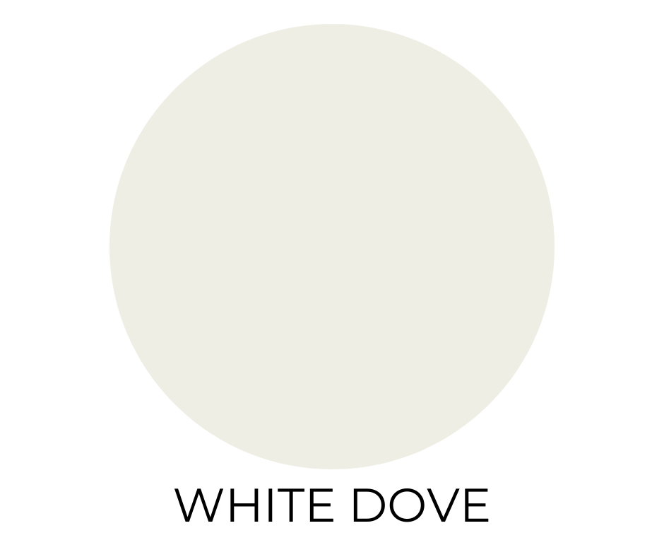 Benjamin Moore White Dove paint swatch. A soft, warm white circle with creamy undertones on a white background. The words “WHITE DOVE” appear in bold, black letters below.