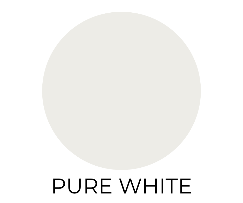 Sherwin-Williams Pure White paint swatch. A soft, neutral white circle on a white background with the words “PURE WHITE” in bold, black letters below.