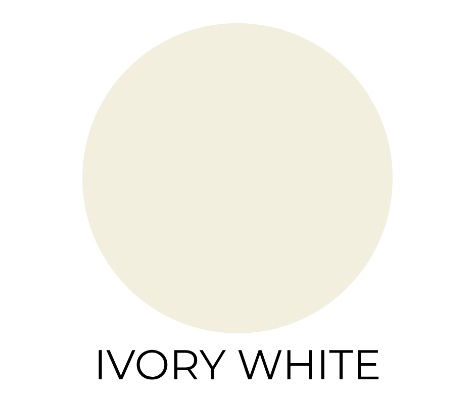 Benjamin Moore Ivory White paint swatch. A creamy, warm white circle on a white background with the words “IVORY WHITE” in bold, black letters below.