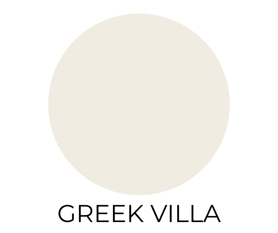 Sherwin-Williams Greek Villa paint swatch. A soft, creamy warm white circle on a white background with the words “GREEK VILLA” in bold, black letters below.