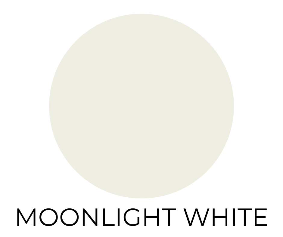 Benjamin Moore Moonlight White paint swatch. A soft, creamy warm white circle on a white background with the words “MOONLIGHT WHITE” in bold, black letters below.