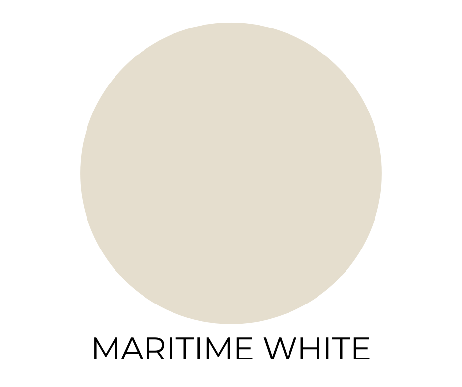 Benjamin Moore Maritime White paint swatch. A creamy, warm white circle with soft beige undertones on a white background. The words “MARITIME WHITE” are in bold, black letters below.