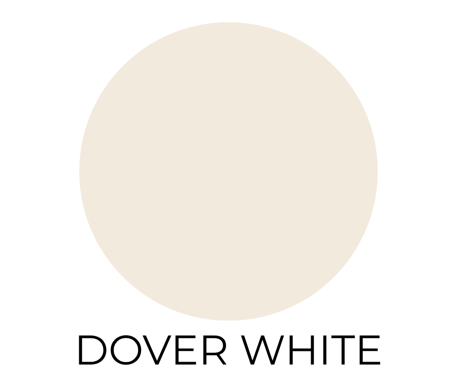 Sherwin-Williams Dover White paint swatch. A creamy, warm white circle with soft beige undertones on a white background. The words “DOVER WHITE” are written in bold, black letters below.