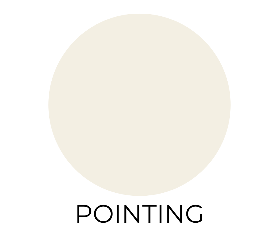 Farrow & Ball Pointing paint swatch. A soft, warm white circle with creamy undertones on a white background. The word “POINTING” is written in bold, black letters below.