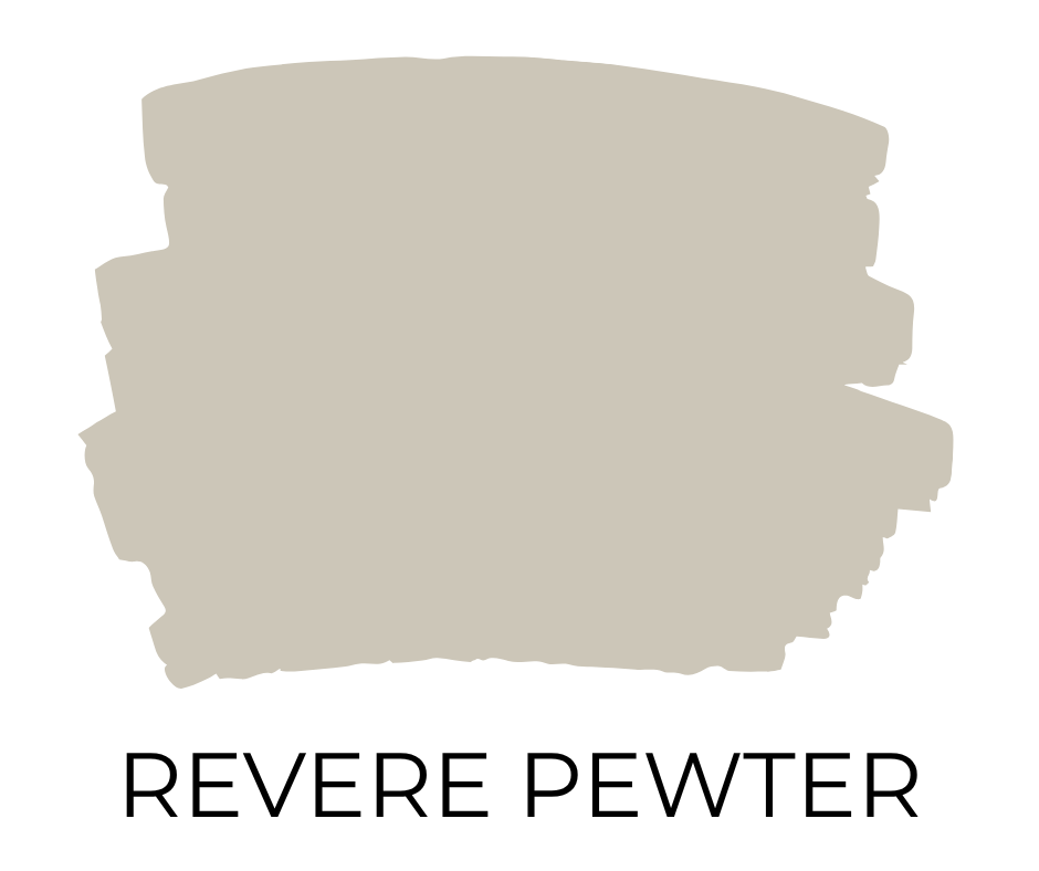 Paint swatch sample of Benjamin Moore Revere Pewter, a warm gray with taupe undertones for a classic look.