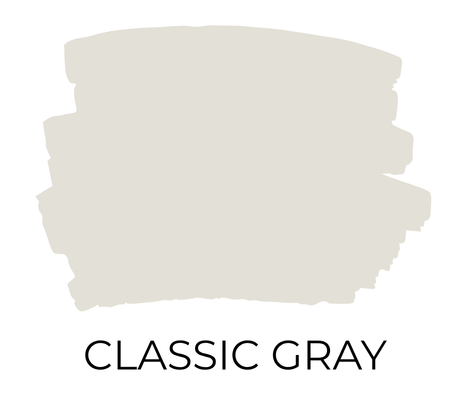 Paint swatch sample of Benjamin Moore Classic Gray, a light, airy neutral with warm undertones.