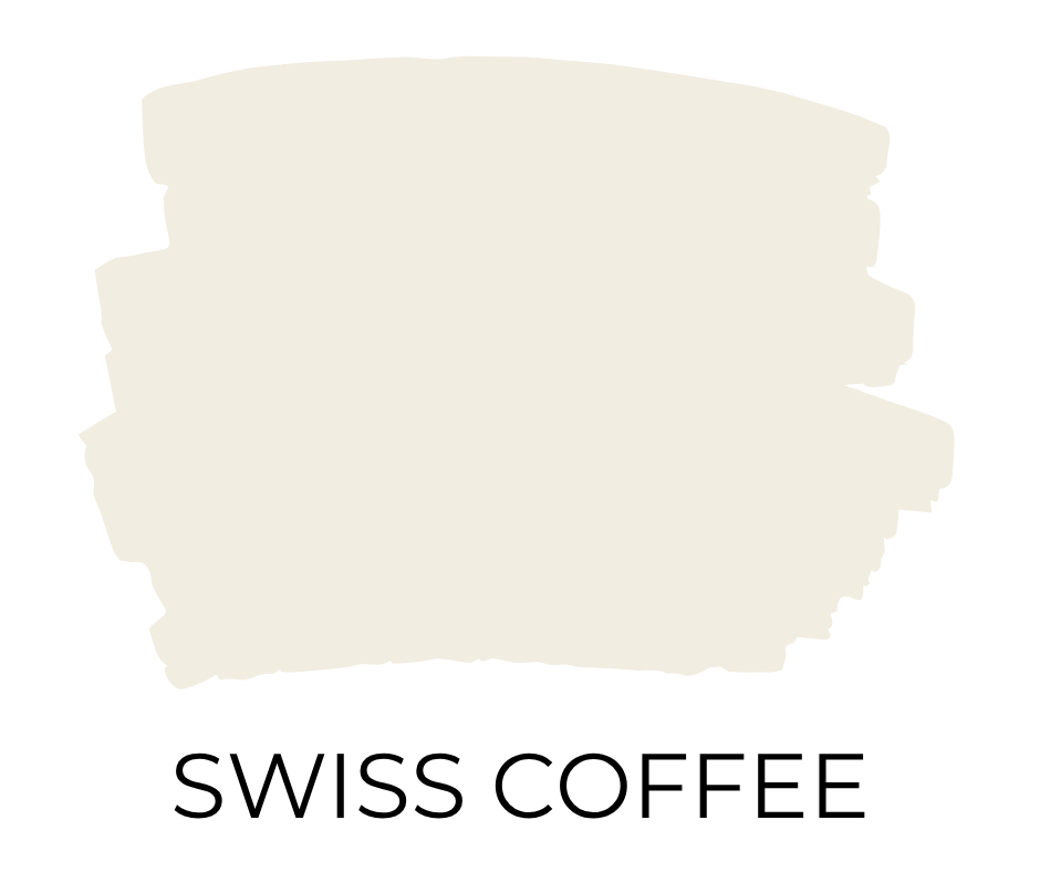 Paint swatch sample of Behr Swiss Coffee, a rich creamy white with warm undertones for an inviting feel.