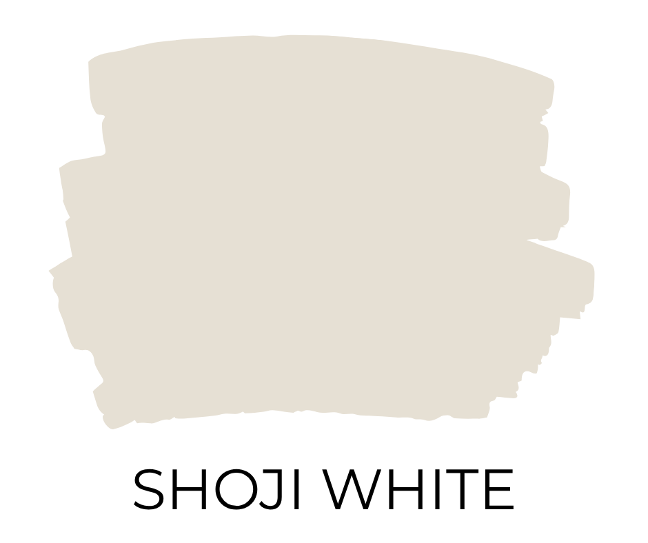 Paint swatch sample of Sherwin Williams Shoji White, a soft greige-white perfect for whole house color schemes.