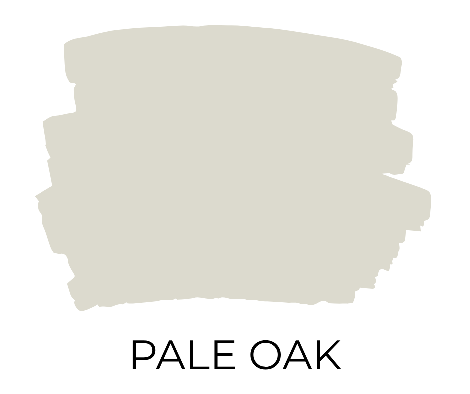Paint swatch sample of Benjamin Moore Pale Oak, a soft taupe with subtle pink undertones.