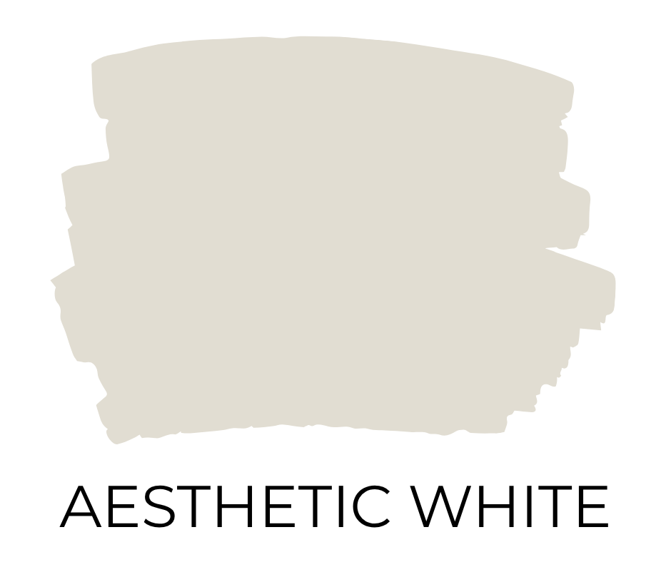 Paint swatch sample of Sherwin Williams Aesthetic White, a muted beige with gentle gray undertones.