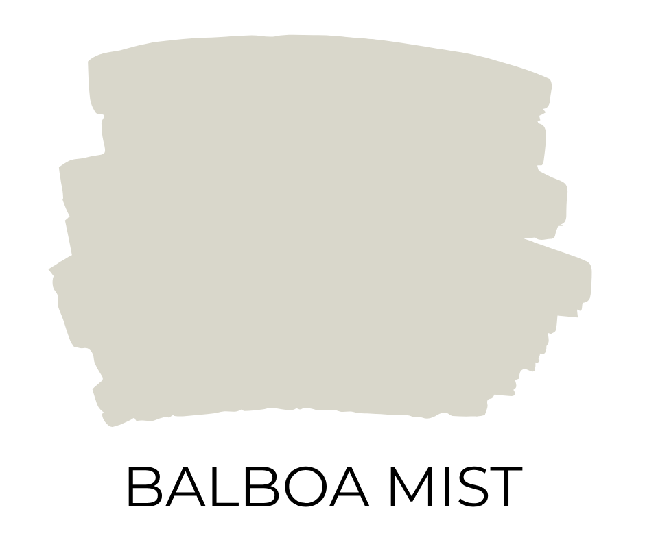 Paint swatch sample of Benjamin Moore Balboa Mist, a light warm greige with soft purple undertones.