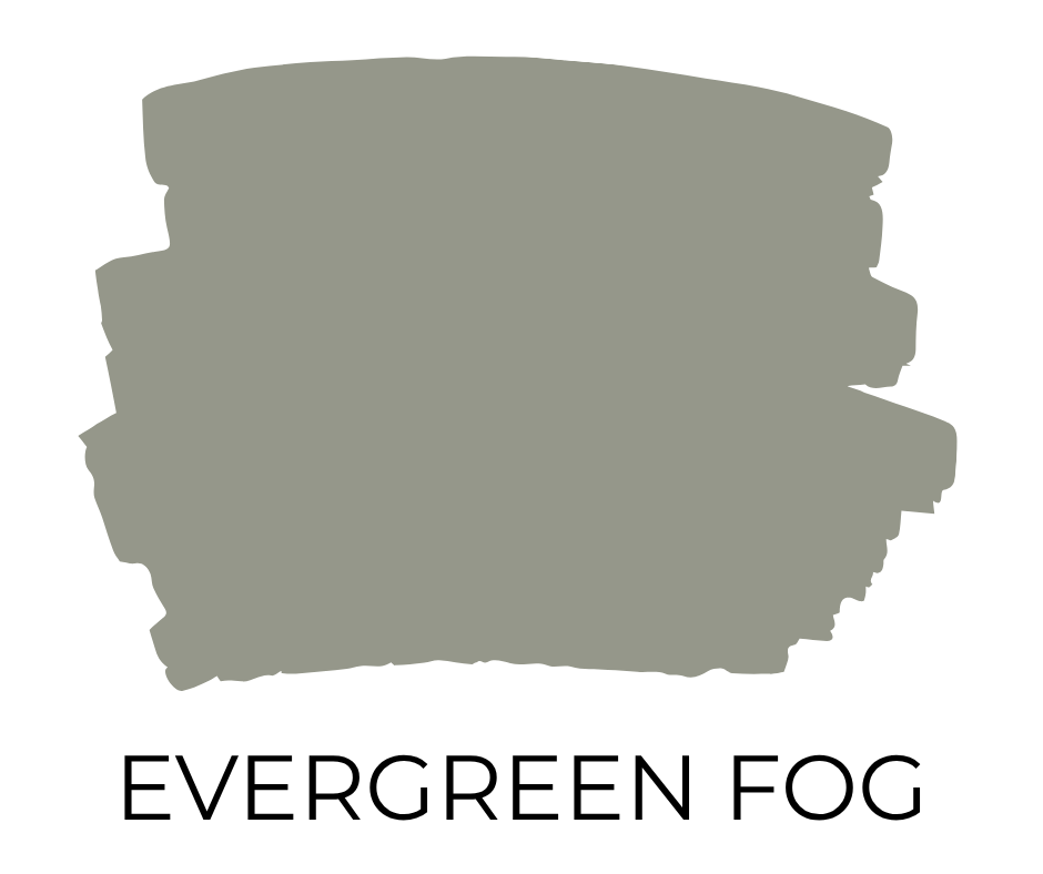 Paint swatch in a soft, earthy green-gray named Evergreen Fog by Sherwin-Willi