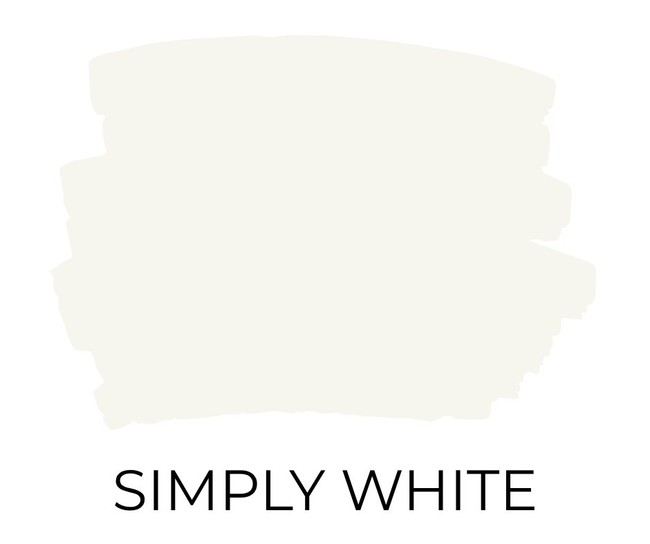Paint swatch in a crisp, slightly warm white named Simply White by Benjamin Moore.