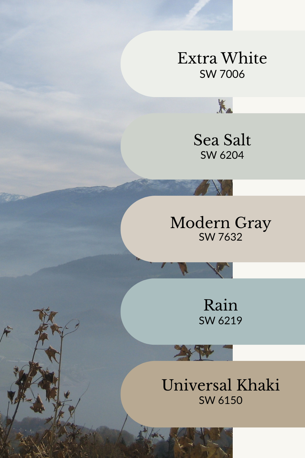 A fall-inspired Sherwin-Williams color palette graphic featuring a misty mountain landscape in the background. Five rounded swatches run vertically along the right side: Extra White (SW 7006), a crisp off-white; Sea Salt (SW 6204), a soft blue-green; Modern Gray (SW 7632), a light greige; Rain (SW 6219), a cool muted blue; and Universal Khaki (SW 6150), a warm earthy taupe.