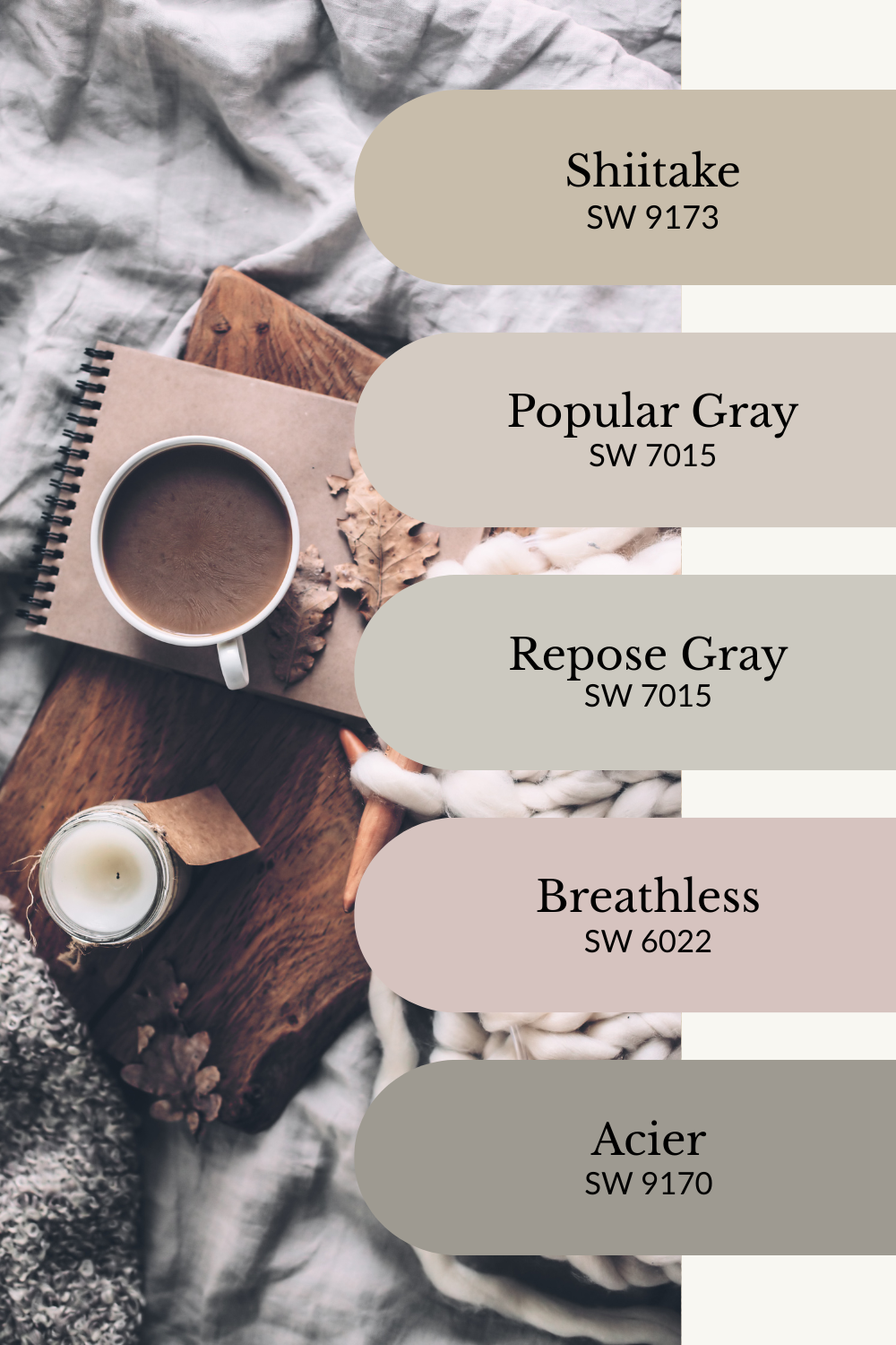 A soft, neutral fall color palette graphic with a cozy flat lay background featuring a cup of coffee, fall leaves, a candle, and a chunky knit blanket on a wooden tray. Five rounded paint swatches are arranged vertically on the right side, each labeled with a Sherwin-Williams paint name and code: Shiitake (SW 9173), Popular Gray (SW 7015), Repose Gray (SW 7015), Breathless (SW 6022), and Acier (SW 9170). The palette combines warm taupes, soft grays, and muted pink for a calming, hygge-inspired fall vibe.