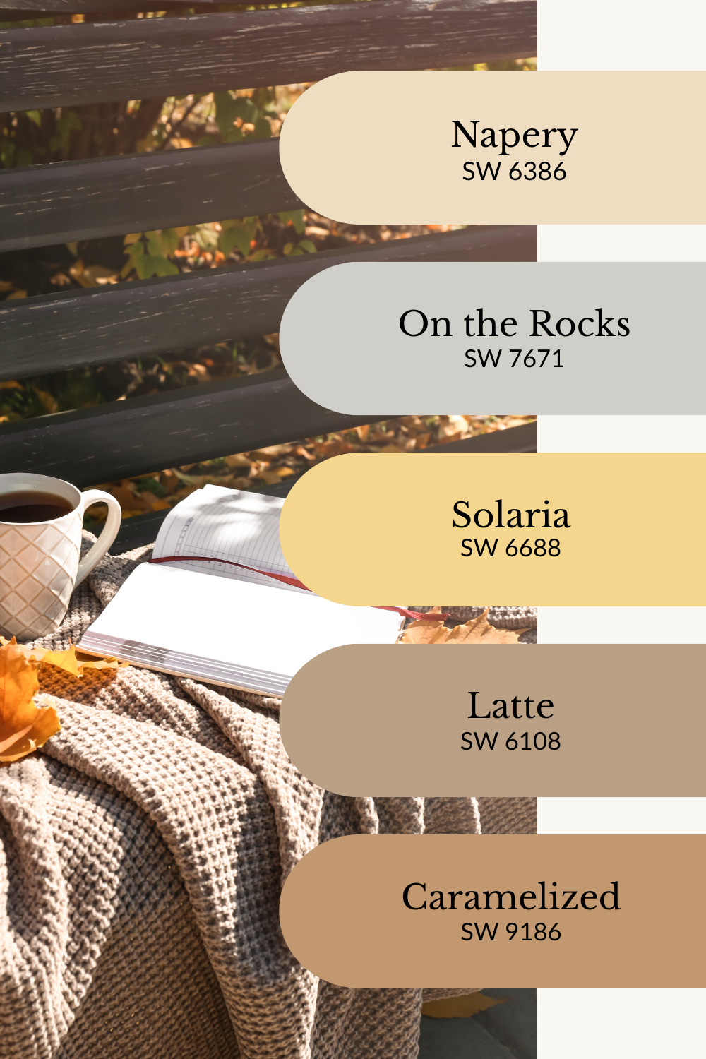 A warm fall color palette graphic overlaid on an inviting scene of a cozy knit blanket, a notebook, and a mug of coffee on a park bench surrounded by fallen autumn leaves. Five Sherwin-Williams paint swatches are stacked vertically on the right: Napery (SW 6386), On the Rocks (SW 7671), Solaria (SW 6688), Latte (SW 6108), and Caramelized (SW 9186). The palette blends soft yellows, grays, and warm browns for a bright yet grounded autumn feel.