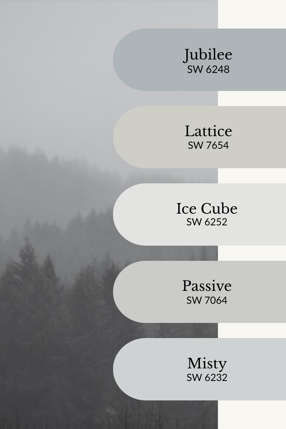 A cool-toned fall color palette graphic overlaid on a foggy forest landscape with soft gray mist rolling over pine trees. Five Sherwin-Williams paint swatches are arranged vertically on the right: Jubilee (SW 6248), Lattice (SW 7654), Ice Cube (SW 6252), Passive (SW 7064), and Misty (SW 6232). The palette features soft blues and silvery grays that reflect the tranquil, overcast mood of a chilly autumn morning.