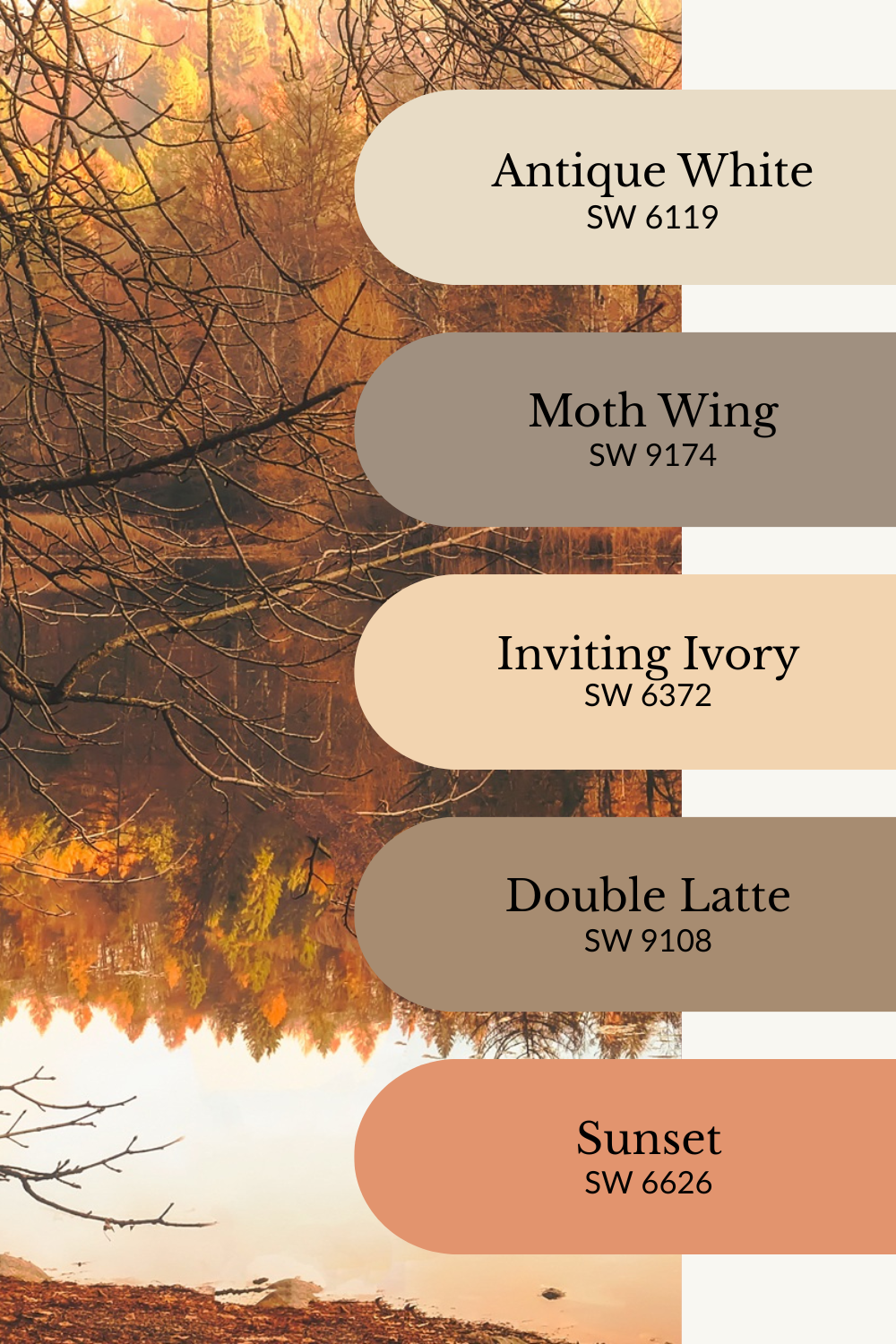 A warm fall color palette graphic overlaid on a scenic view of an autumn forest reflected in a still lake, with bare tree branches stretching across the frame. Five Sherwin-Williams paint swatches are stacked vertically on the right: Antique White (SW 6119), Moth Wing (SW 9174), Inviting Ivory (SW 6372), Double Latte (SW 9108), and Sunset (SW 6626). The palette blends creamy neutrals, rich browns, and a muted orange for a cozy, golden-hour autumn vibe.