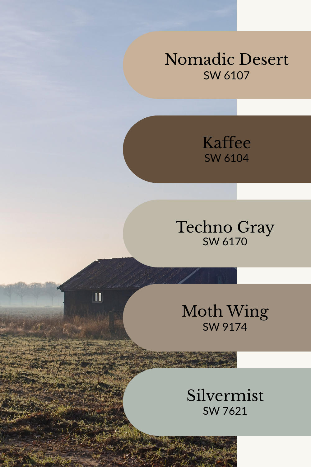 A serene fall color palette graphic overlaid on a quiet countryside scene with soft morning light, a weathered wooden barn, and misty fields under a pale blue sky. Five Sherwin-Williams paint swatches are stacked vertically on the right: Nomadic Desert (SW 6107), Kaffee (SW 6104), Techno Gray (SW 6170), Moth Wing (SW 9174), and Silvermist (SW 7621). The palette combines muted browns, warm gray, and a cool blue-green accent for a soft, rustic fall aesthetic.