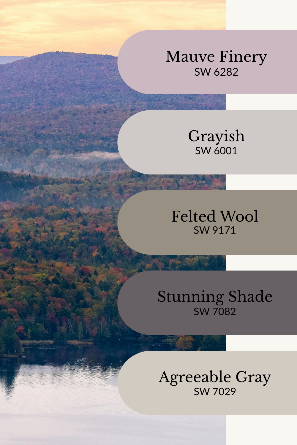 Sherwin-Williams fall color palette graphic featuring a scenic forest landscape with muted autumn tones and five paint swatches: Mauve Finery (SW 6282), Grayish (SW 6001), Felted Wool (SW 9171), Stunning Shade (SW 7082), and Agreeable Gray (SW 7029).