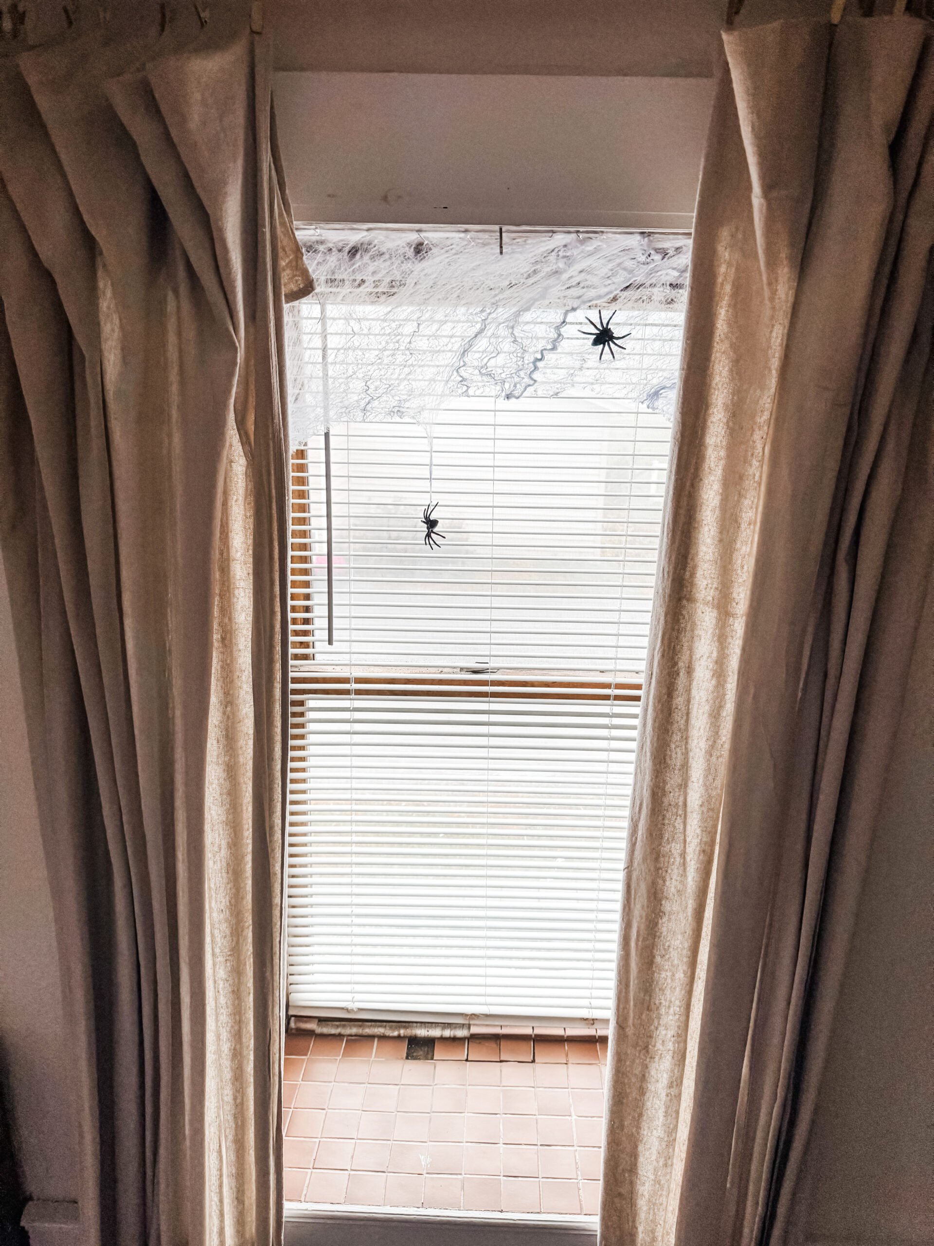 Minimalist Halloween window decor idea with white spider webs and black plastic spiders for subtle spooky touch